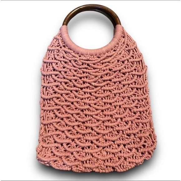 Sigrid Olsen Handmade Macrame Handbag Bamboo Handles Cotton Boho Hippie Peach/Pi - Picture 8 of 9
